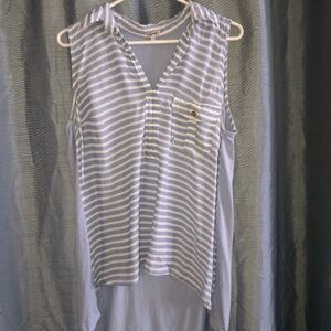 Kismet blue / white stripe Asymmetrical Sleeveless Tank Top-XL - v neck / pocket